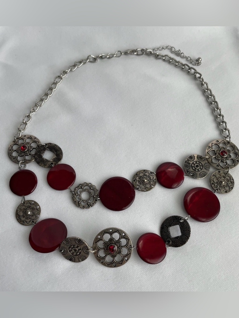 Silver-toned layered necklace red acrylic cabochons bohemian statement